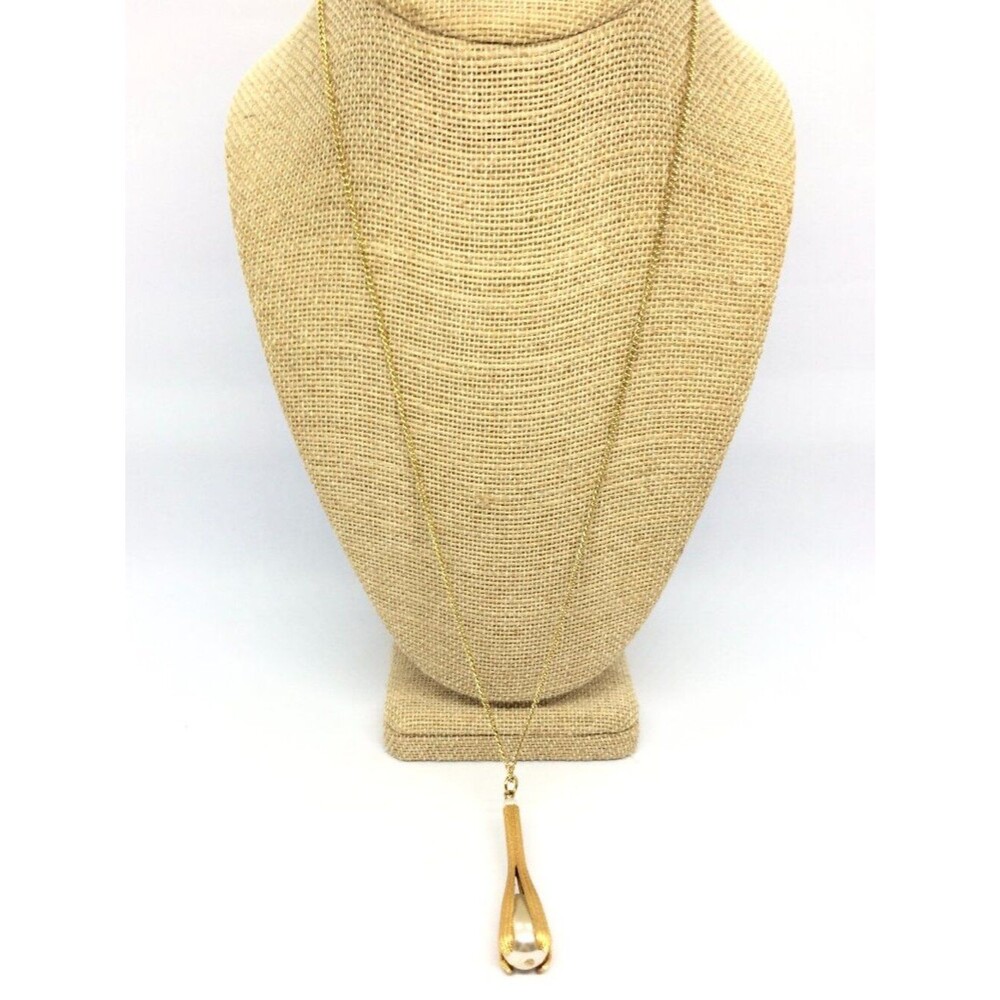 VINTAGE Flower Necklace Golg Tone Bud Faux Pearl Pendant Modernist Art Nouveau